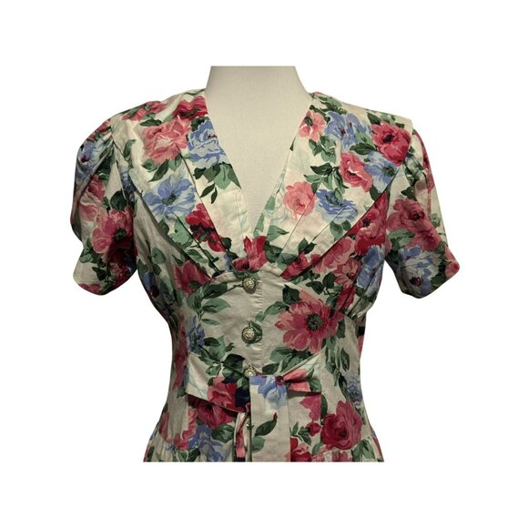 Vtg 80s Paquette Too! Rose Floral Midi Dress Sz6 Portrait Collar Pockets Cottage - Picture 2 of 11